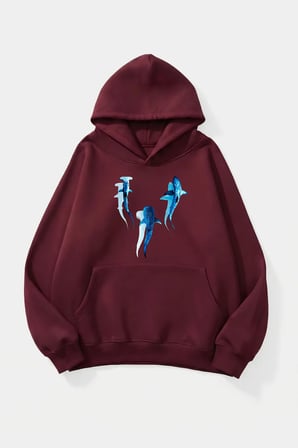Unisex Yumuşak Dokulu Safir Balinalar Baskılı Tasarım Oversize 3 İplik Hoodie Sweatshirt