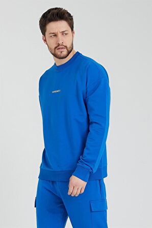 Erkek Bisiklet Yaka Oversize Sweatshirt Saks