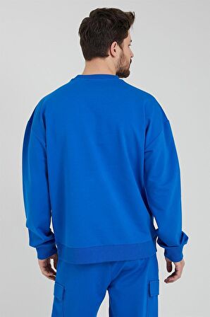 Erkek Bisiklet Yaka Oversize Sweatshirt Saks