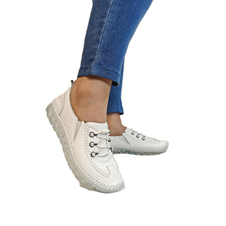 Voyager 9871 Beyaz Hakiki Deri Boncuklu Kadın Ayakkabı