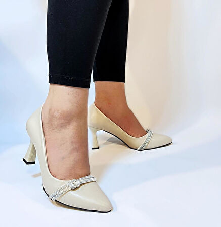 Fiyra 7051 nml Bej Taşlı Kadeh 7cm Topuklu Bayan Stiletto Ayakkabı