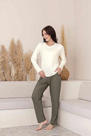 Kadın Bisiklet Yaka Düğmesiz Viskon Mevsimlik Uzun Kol Cepli Pijama Takımı