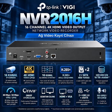 TP-Link VIGI 16K-NVR2016H 16 Kanal 4K HDMI, IP Kamera NVR Ağ Video Kayıt Cihazı