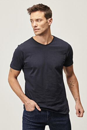 Erkek Lacivert Slim Fit Dar Kesim V Yaka %100 Pamuk 2'li Tişört Paketi
