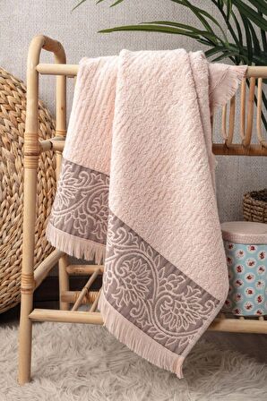 Sevim Bambu Yumuşak & Yüksek Emici El Havlusu - Pudra Rengi Kabartma Bordürlü - 50x90cm