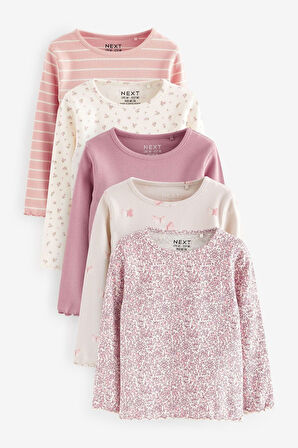 Next Baby Pamuklu Pembe Çiçek Desenli Uzun Kollu Ribanalı 5’li Alt Üst Takım