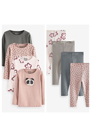 Next Baby Pamuklu Krem Kahve Panda Çiçek Desenli Uzun Kollu Taytlı Takım