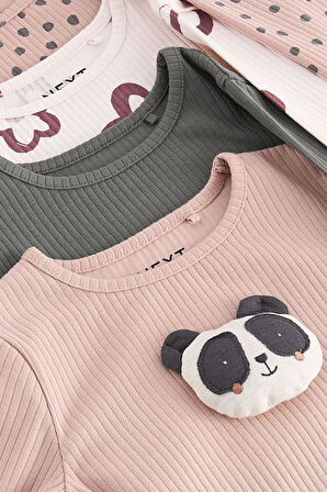 Next Baby Pamuklu Krem Kahve Panda Çiçek Desenli Uzun Kollu Taytlı Takım