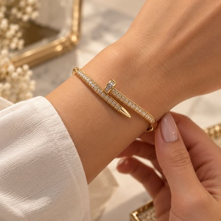 Zirkon Taşlı Çivi Kelepçe Bilezik - 316L Paslanmaz Çelik Gold Kadın Bileklik