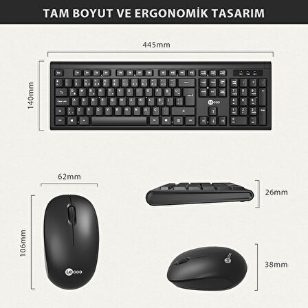Lecoo KW200 Kablosuz Türkçe Q Klavye & Mouse Set