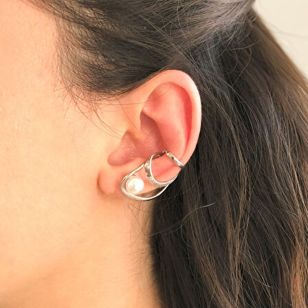 BZ 316L Çelik İnci Taşlı Çelik Ear Cuff Küpe UNK-682