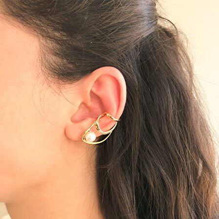 BZ Altın Kaplama İnci Taşlı Çelik Ear Cuff Küpe UNK-681