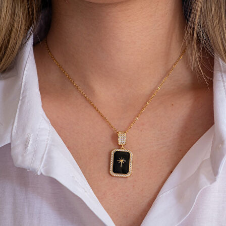 Çelik Kolye Siyah Yıldız Işıltısı Model – K-124