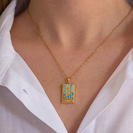 Çelik Kolye Terazi Burcu Renkli Tarot Model - K-139