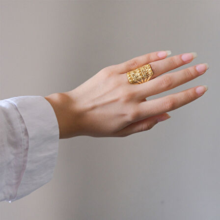 Çelik Yüzük Kadın Altın Kaplama Dorikalı Kaburga Model YZK-498