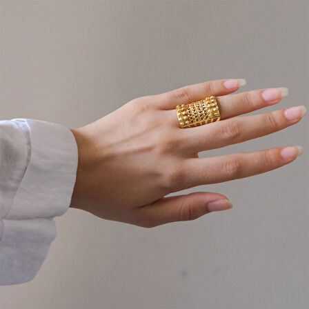 Çelik Yüzük Kadın Altın Kaplama Desenli Kaburga Model YZK-493