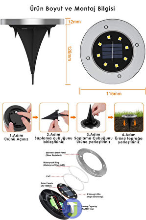 Technojet 4Adet Sarı Işık Solar 8 Ledli Kazıklı Çim Zemin Bahçe Aydınlatma Güneş Enerjili 3W