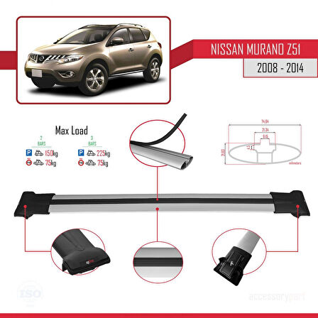 Nissan Murano 2 (Z51) 2008-2014 Arası ile Uyumlu FLY Model Ara Atkı Tavan Barı Gri 2 Adet