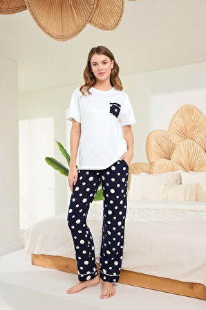 Aydoğan Kadın Beyaz Benekli Viskon Kumaş Pijama Takımı