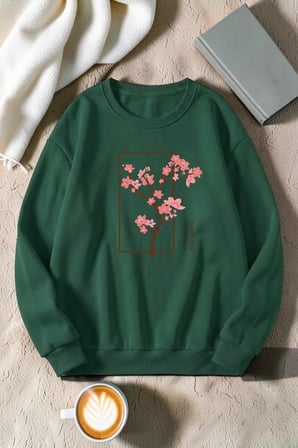 Unisex Cherry TreeBaskılı Bisiklet Yaka Sweatshirt