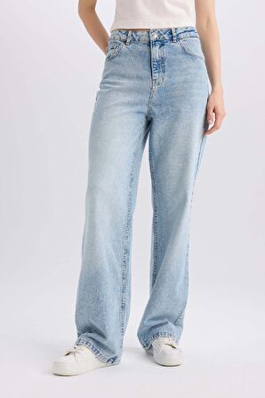 90's Wide Leg Yüksek Bel Uzun Jean Yıkamalı Pantolon