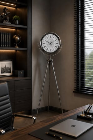 Krom Motifli 150 x 45 Cm Metal Tripod Ayaklı Saat iegxx