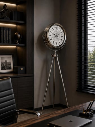 Krom Motifli 150 x 45 Cm Metal Tripod Ayaklı Saat iegxx