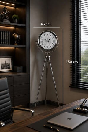 Krom Motifli 150 x 45 Cm Metal Tripod Ayaklı Saat iegxx