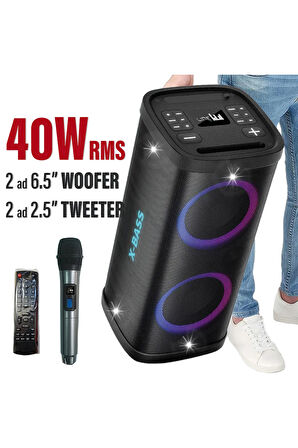 Büyük Boy Hoparlör 40W RMS Speaker Woofer Tweeter Kablosuz Mikrofonlu Şarjlı Parti Boy