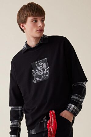 DeFacto Siyah Loose Fit Bisiklet Yaka Çiçek Baskılı Ağır Kumaş Kısa Kollu Tişört C7056AX24AUBK81
