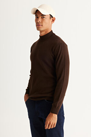 Erkek Kahverengi Standart Fit Normal Kesim Yarım Balıkçı Yaka Pamuklu Triko Kazak