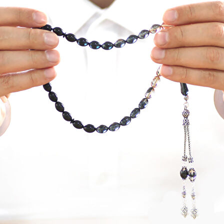 925 Ayar Gümüş Çift Püsküllü Arpa Kesim Süzme Siyah-Beyaz Ateş Kehribar Tesbih