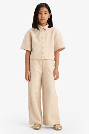 Kız Çocuk Beli Lastikli Wide Leg Geniş Bol Paça Bürümcük Pantolon