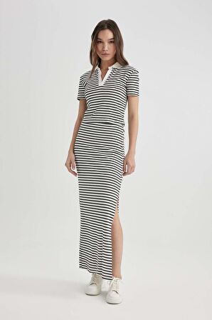 DeFacto Fitted Çizgili Polo Yaka Kısa Kollu Tişört A0380AX24SMWT32