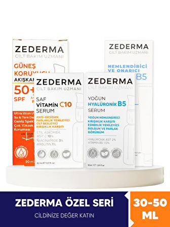 Zederma Özel Seri Bakım Seti: Saf C10 Serum & Hyalüronik Serum + Nemlendirici & Güneş Koruyucu Krem