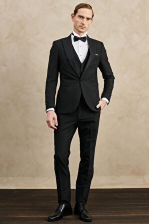 Erkek Siyah Slim Fit Dar Kesim Kırlangıç Yaka Desenli Klasik Smokin Takım