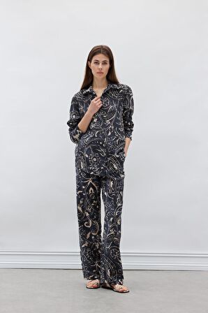 Wide Leg Desenli Kumaş Pantolon Yüksek Bel Geniş Paça