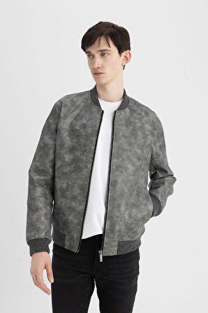 DeFacto Slim Fit Suni Deri Mont Ceket Dar Kesim Kolej Yaka Fermuarlı Cepli Astarlı Mevsimlik Hafif C6971AX24AUAR167