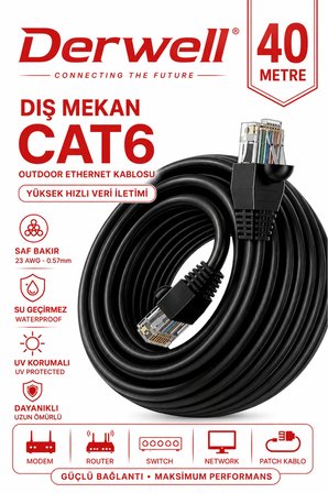 40 METRE CAT6 Dış Mekan Outdoor Ethernet Kablosu 23 AWG 0.57mm Kalın Saf Bakır İnternet Ağ Kablosu Yüksek Hızlı Veri İletimi Su Geçirmez UV Korumalı Dayanıklı Siyah Modem Router Switch Patch Kablo