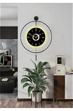 (ORTA BOY-37X55CM) -negro - Siyah Çember Siyah Göbekli-modern Dekoratif Metal Ledli Duvar Saati
