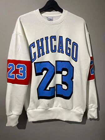 Erkek Unisex Beyaz Oversize Chicago 23 Baskılı Polarlı Sweat