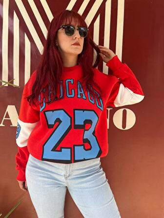 Erkek Unısex Kırmızı Oversize Chicago 23 Baskılı Polarlı Sweat