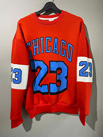 Erkek Unısex Kırmızı Oversize Chicago 23 Baskılı Polarlı Sweat