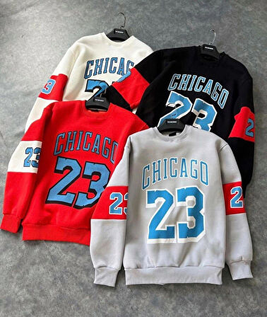 Erkek Unısex Gri Oversize Chicago 23 Baskılı Polarlı Sweat
