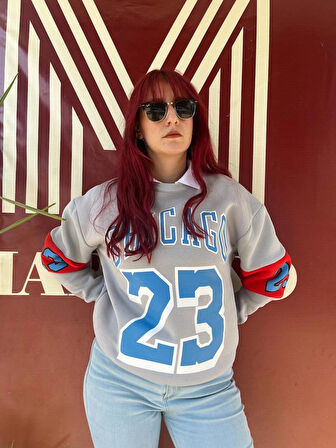 Erkek Unısex Gri Oversize Chicago 23 Baskılı Polarlı Sweat