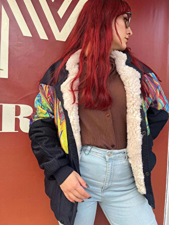 Vintage Oversize Retro Etnik Gökkuşağı Desenli Kürklü Ceket Lgdl3