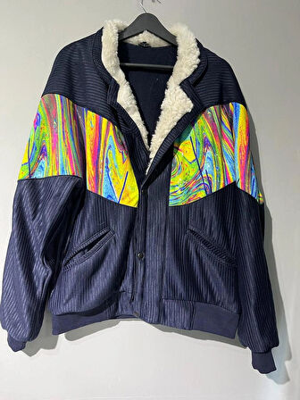 Vintage Oversize Retro Etnik Gökkuşağı Desenli Kürklü Ceket Lgdl3