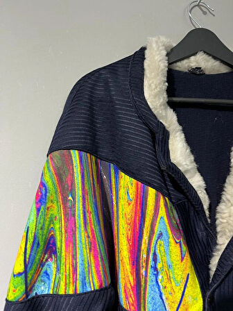 Vintage Oversize Retro Etnik Gökkuşağı Desenli Kürklü Ceket Lgdl3