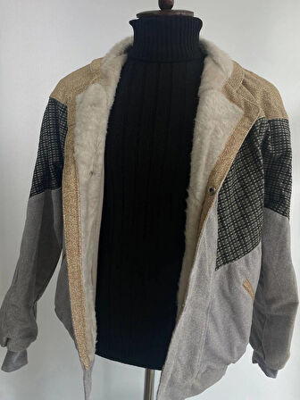 Vintage Oversize Retro Etnik Desenli Kürklü Ceket Kedg4