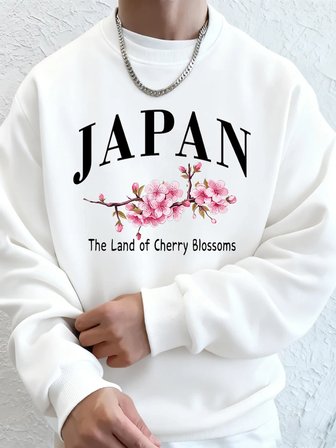 Japonya Kiraz Çiçekleri Ülkesi Baskılı Erkek Kapüşonlu Üstleri Sonbahar Bol Sweatshirt Temel